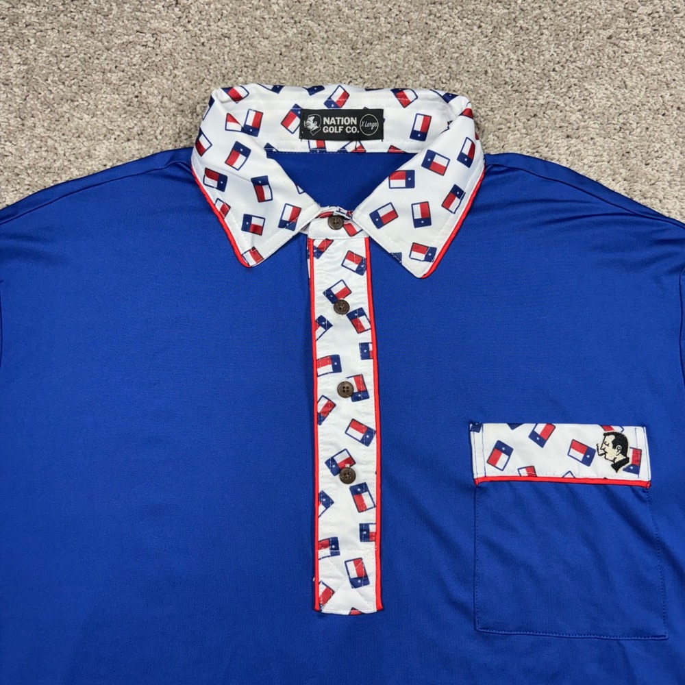 Nation Golf Co Mens XL Polo Shirt Blue Texas Flag Print Performance Cotton Blend
